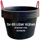 5 STK. 65 Liter Mörtelkübel, Baueimer, Eimer, Zementeimer, Tuppe kranbar in schwarz mit extrem stabilen Traglaschen